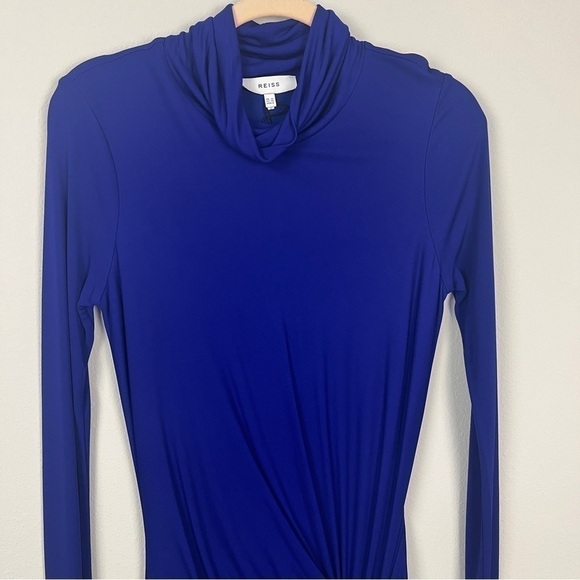 Reiss Freya Twist Drape Long-Sleeved Viscose Bodycon Dress - Picture 4 of 7